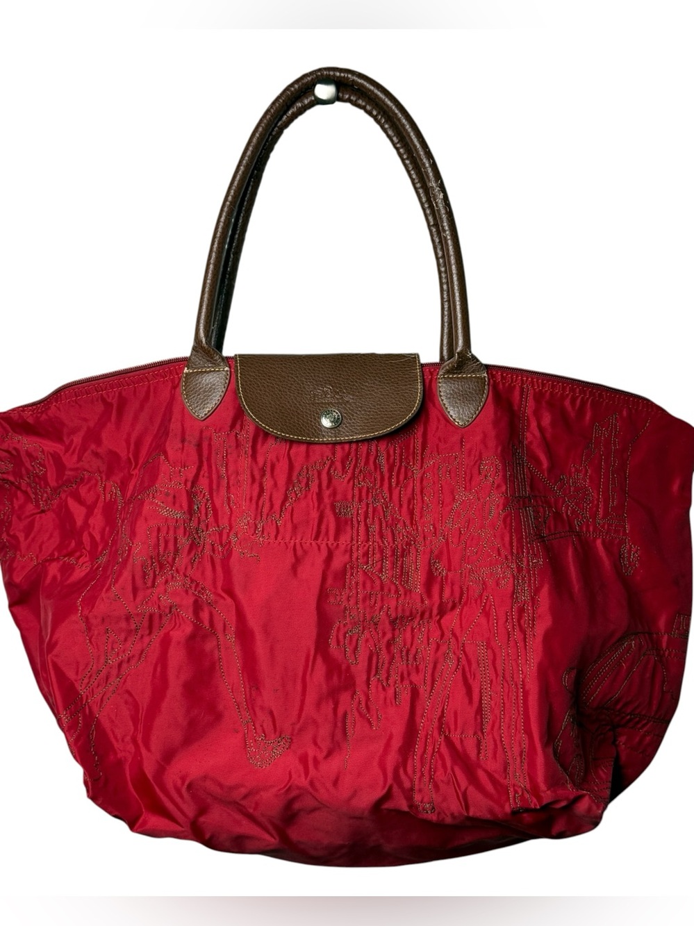 Longchamp le pliage Red Embroidered Jester Bag Travel Tote POOR/FAIR Condition